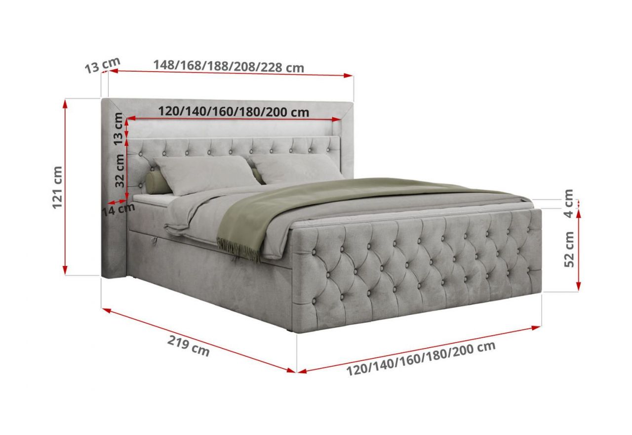 Łóżko kontynentalne GOLD 9 120x200 - H3 - jasnoszary, welwet