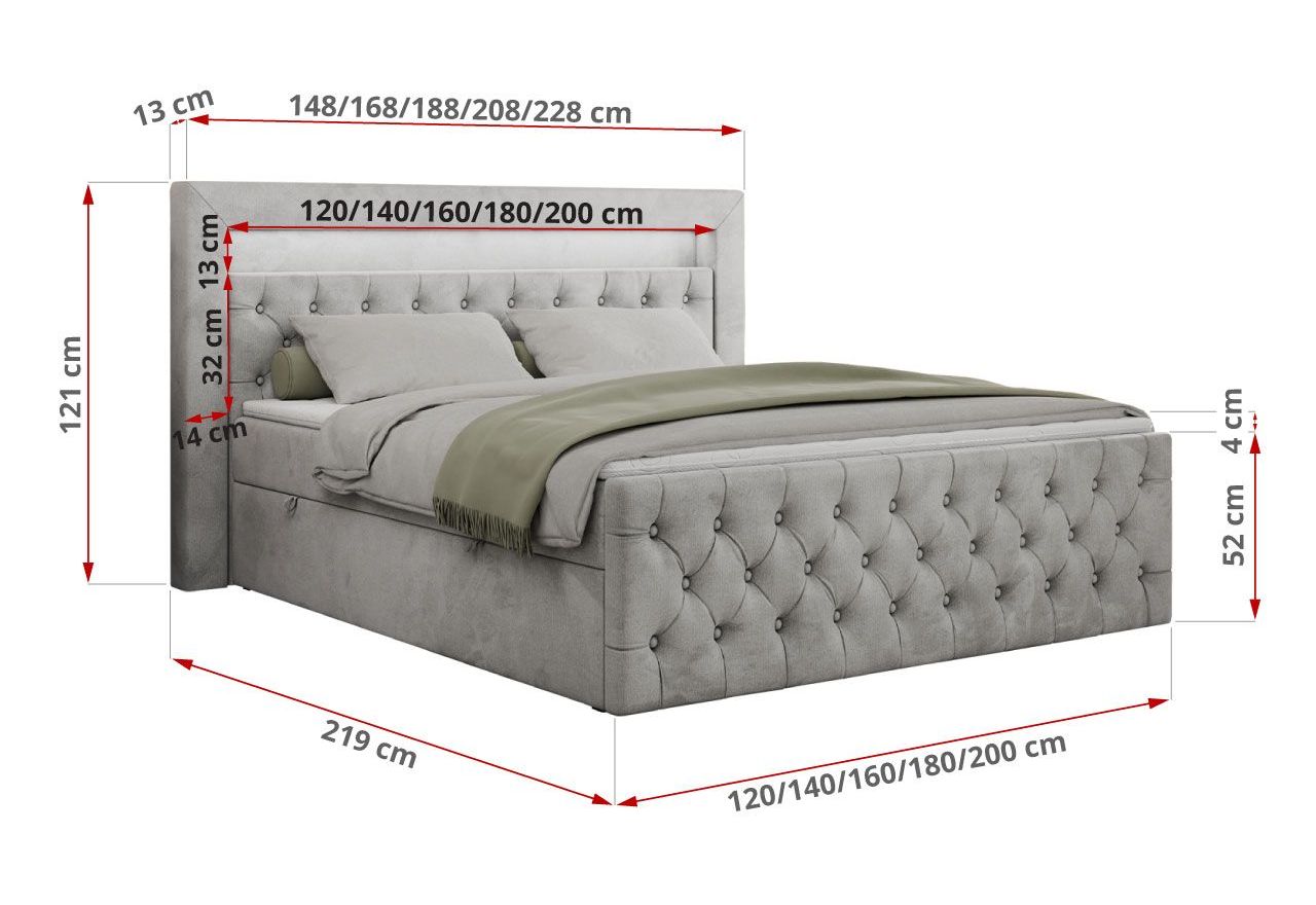 Łóżko kontynentalne GOLD 9 120x200 - H4 - jasnoszary, welwet