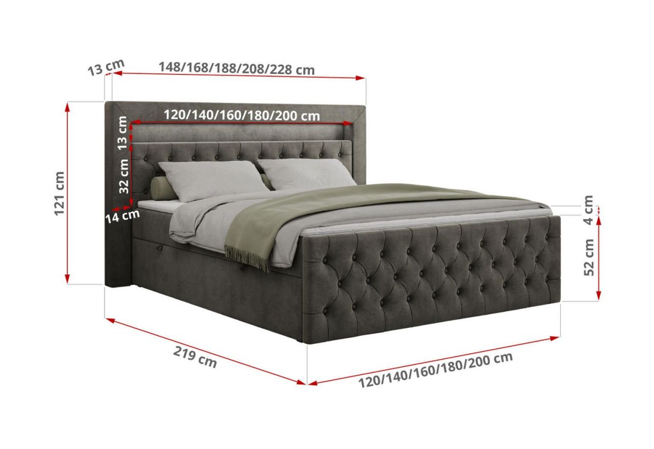 Łóżko kontynentalne GOLD 9 120x200 - H3 - ciemnoszary, welwet