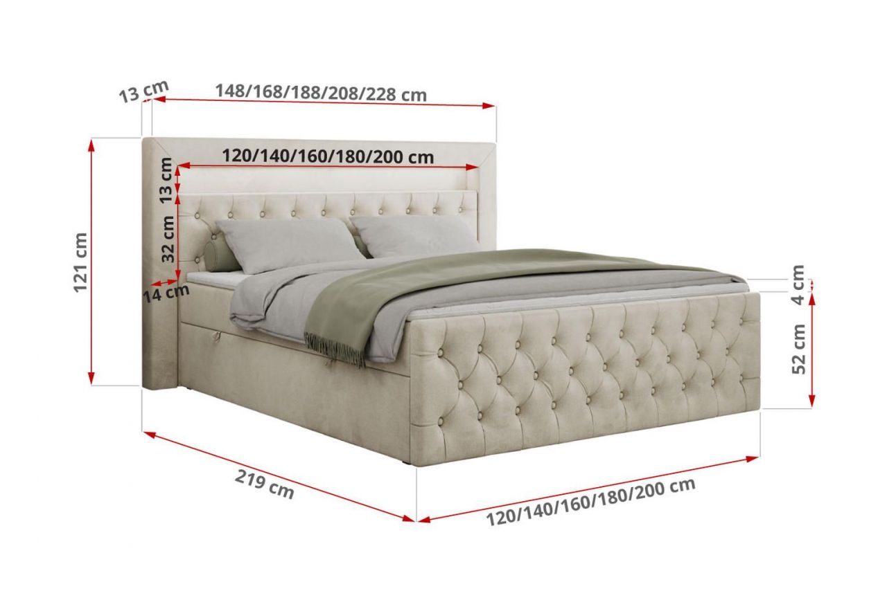 Łóżko kontynentalne GOLD 9 120x200 - H3 - beżowy, welwet