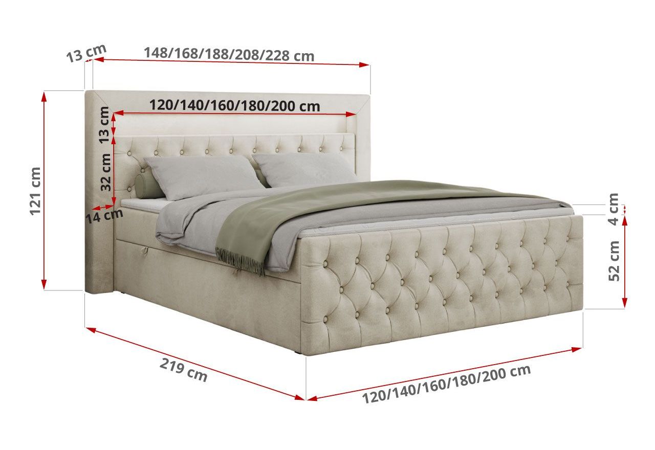 Łóżko kontynentalne GOLD 9 120x200 - H4 - beżowy, welwet