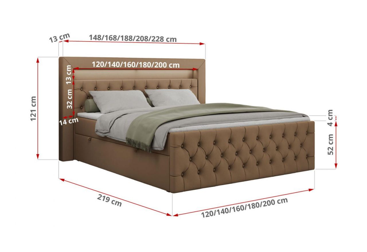 Łóżko kontynentalne GOLD 9 120x200 - H3 - brązowy, ekoskóra