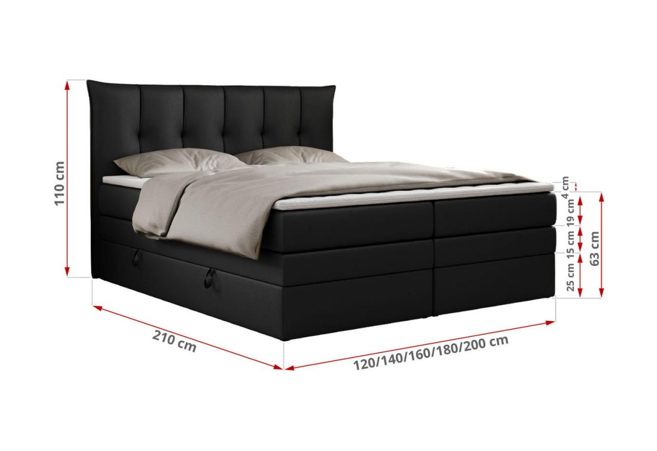 Łóżko kontynentalne PREMIUM 10 KING 120x200 - H3 - czarny, ekoskóra