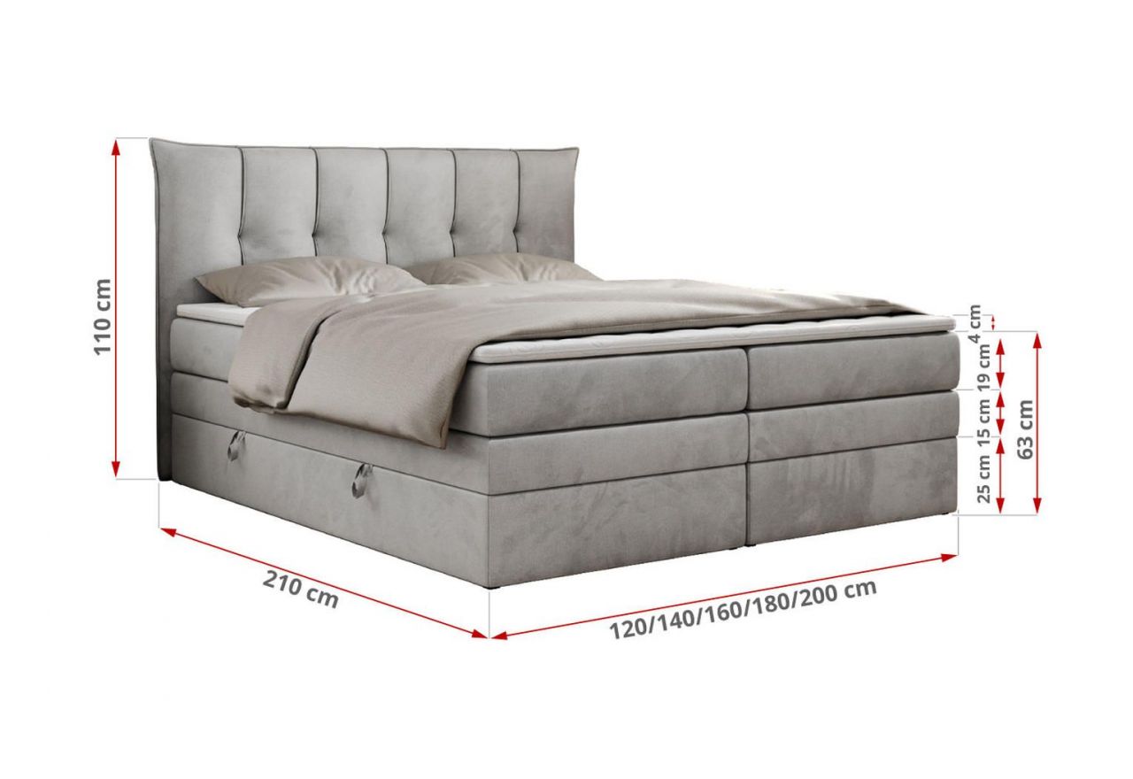 Łóżko kontynentalne PREMIUM 10 KING 120x200 - H3 - jasnoszary, welwet