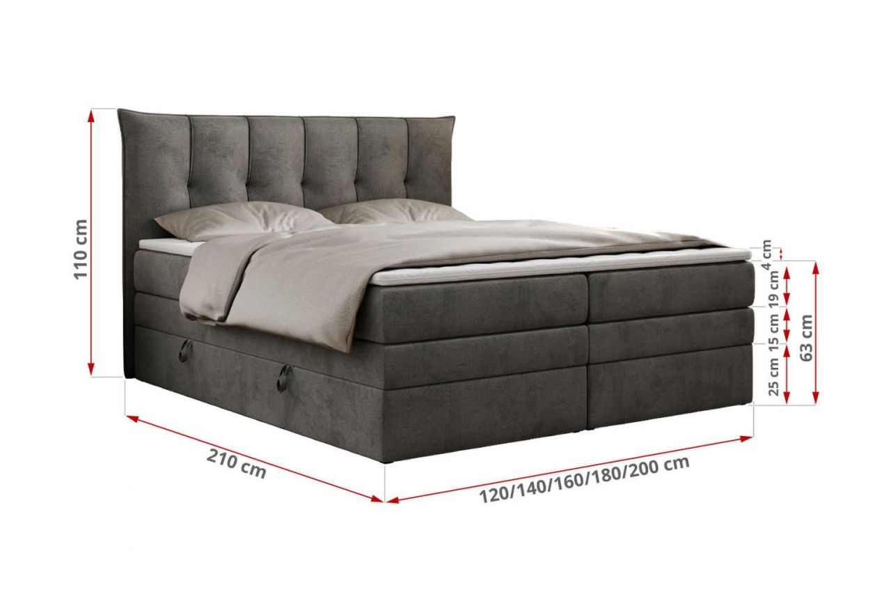 Łóżko kontynentalne PREMIUM 10 KING 120x200 - H3 - ciemnoszary, welwet