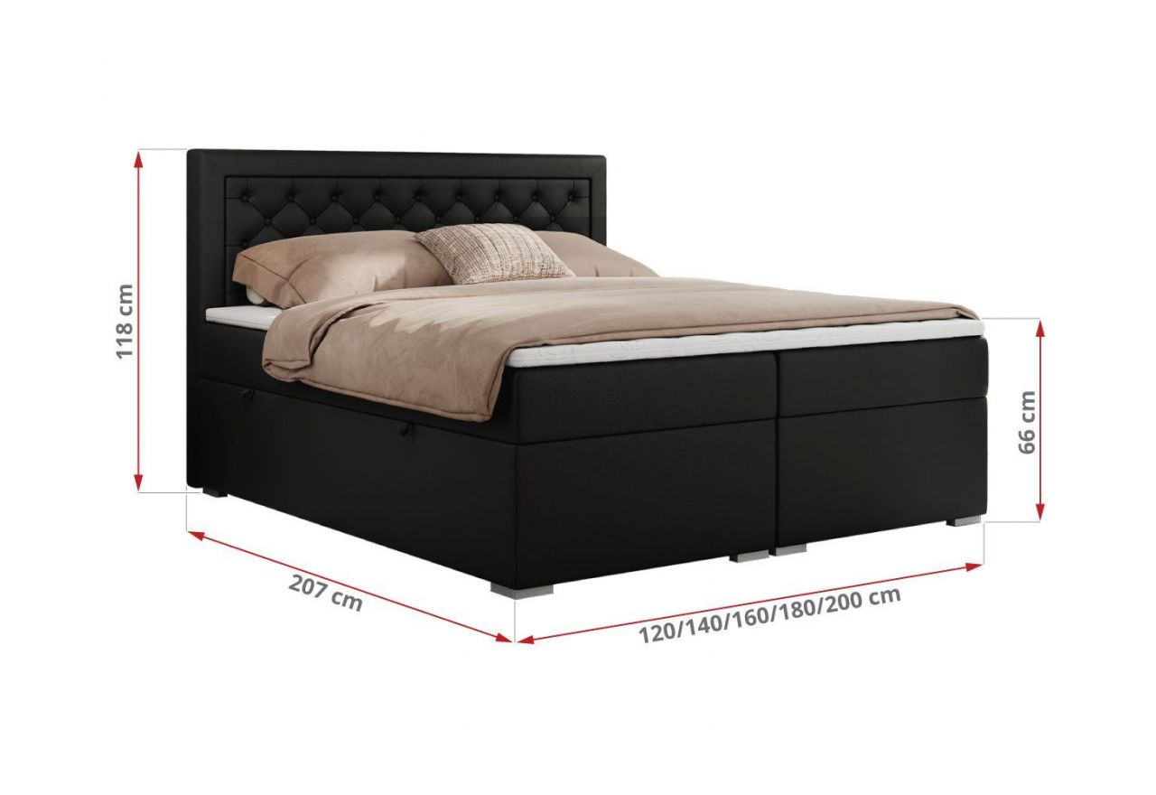 Łóżko kontynentalne JASIR 200x200 - H3 - czarny, ekoskóra