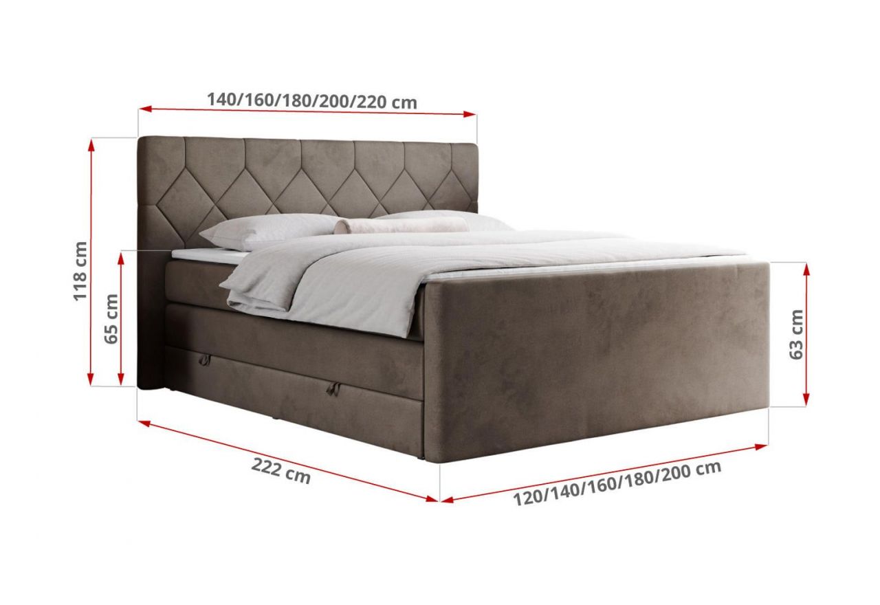 Łóżko kontynentalne KING EIGAR 120x200 - H3 - brązowy, welwet