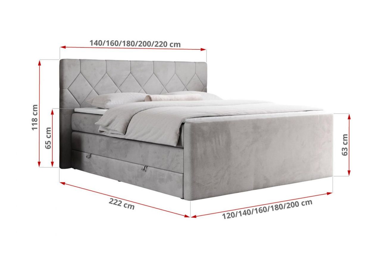 Łóżko kontynentalne KING EIGAR 120x200 - H3 - jasnoszary, welwet