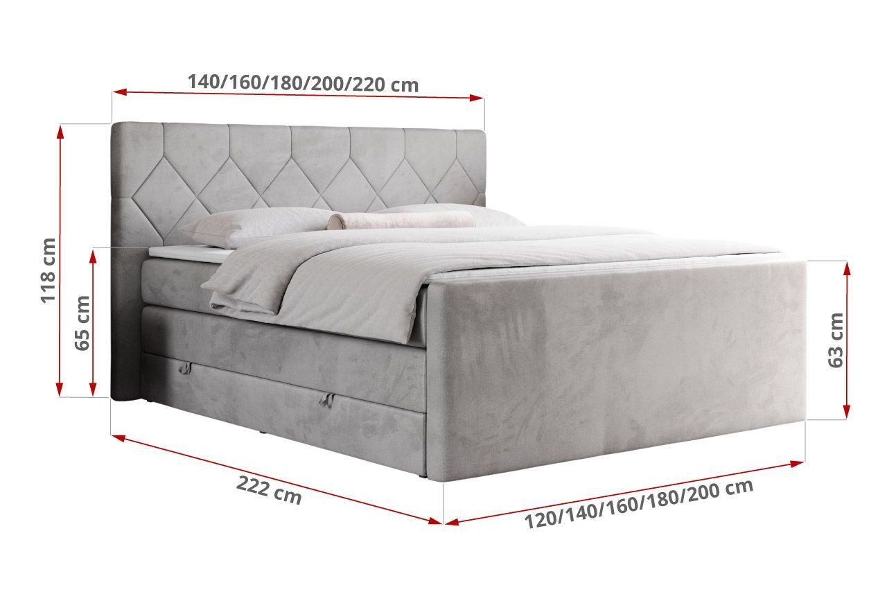 Łóżko kontynentalne KING EIGAR 200x200 - H3 - jasnoszary, welwet