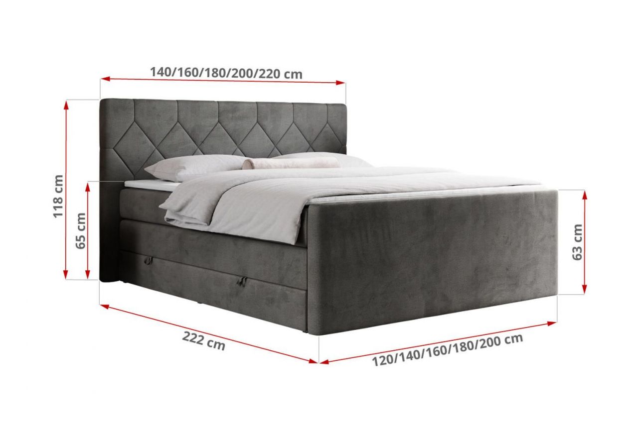 Łóżko kontynentalne KING EIGAR 120x200 - H3 - ciemnoszary, welwet
