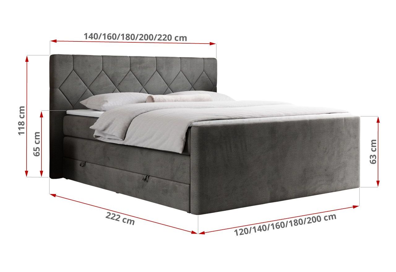 Łóżko kontynentalne KING EIGAR 160x200 - H3 - ciemnoszary, welwet