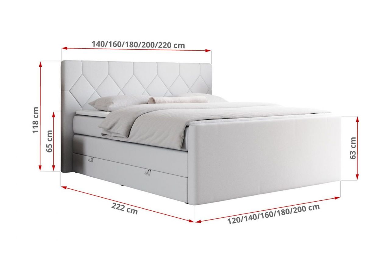 Łóżko kontynentalne KING EIGAR 120x200 - H3 - biały, ekoskóra