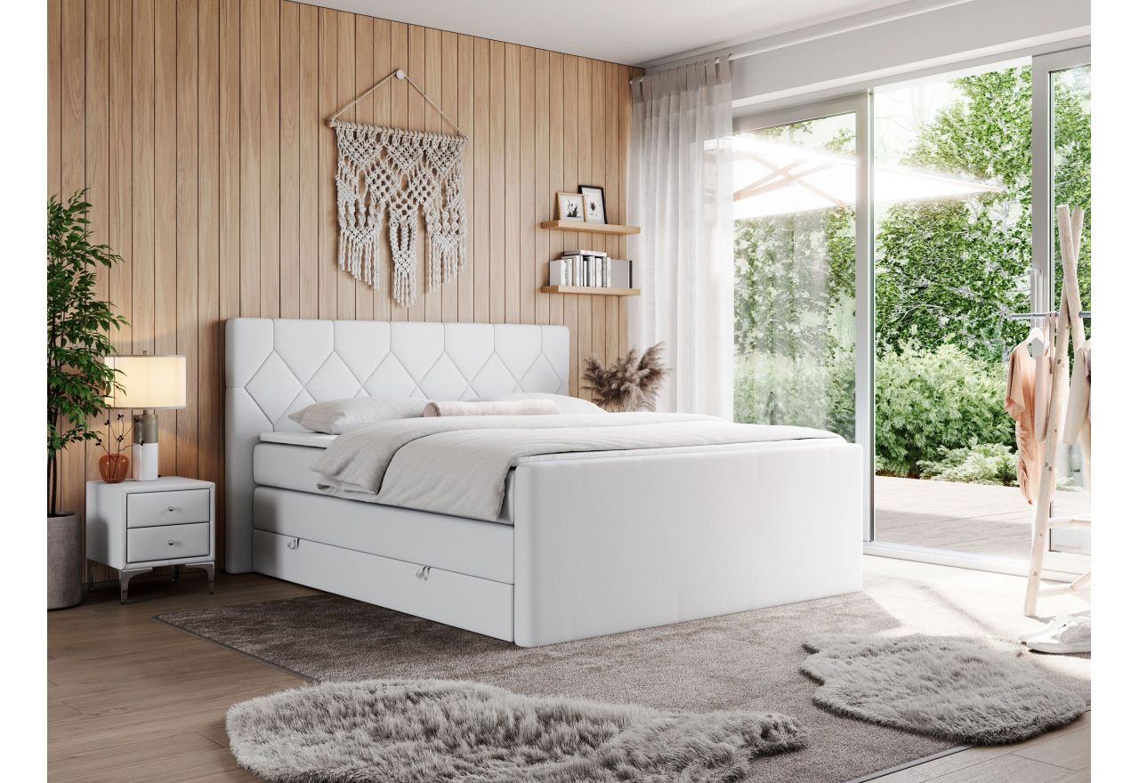 Łóżko kontynentalne KING EIGAR 140x200 - H3 - biały, ekoskóra