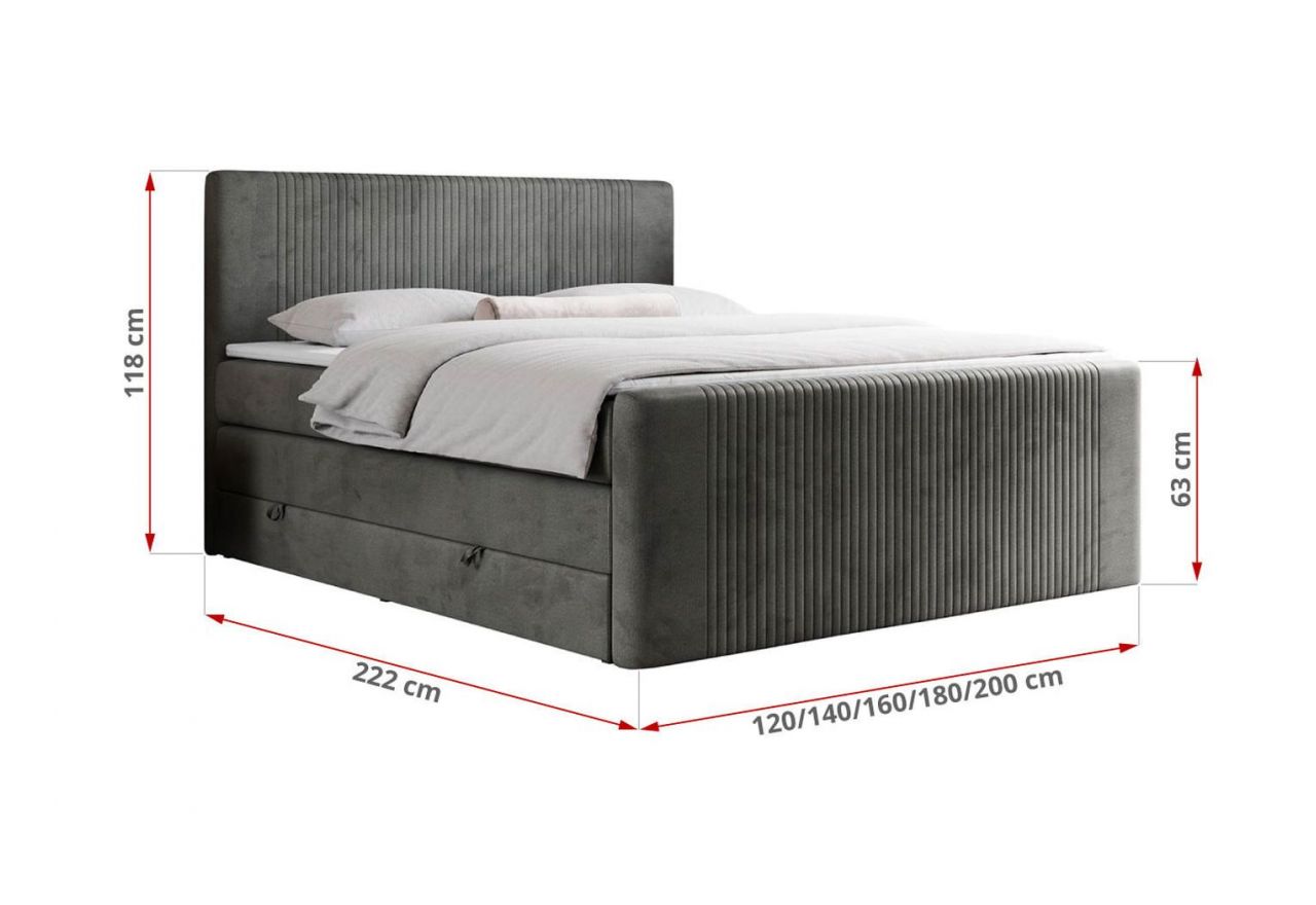 Łóżko kontynentalne KING DOREN 120x200 - H3 - ciemnoszary, welwet