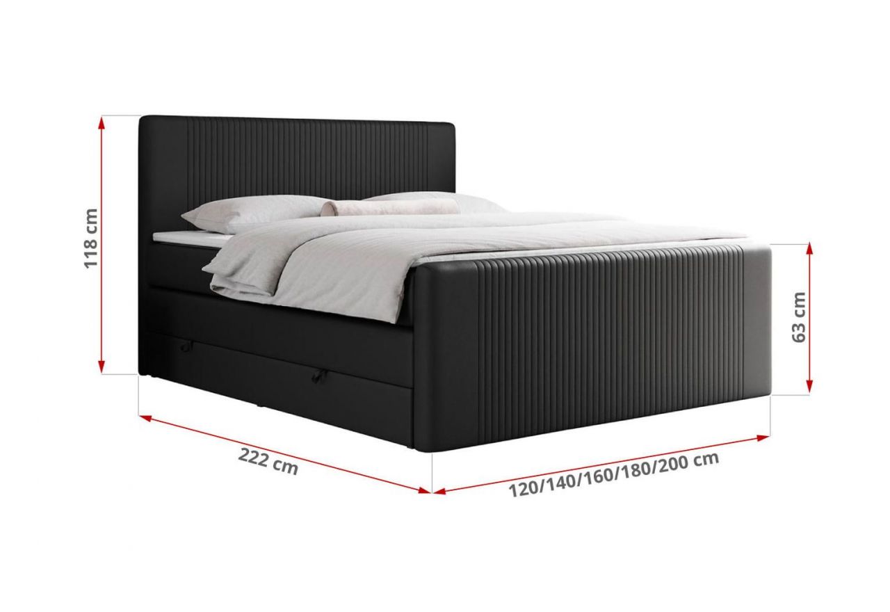 Łóżko kontynentalne KING DOREN 120x200 - H3 - czarny, ekoskóra