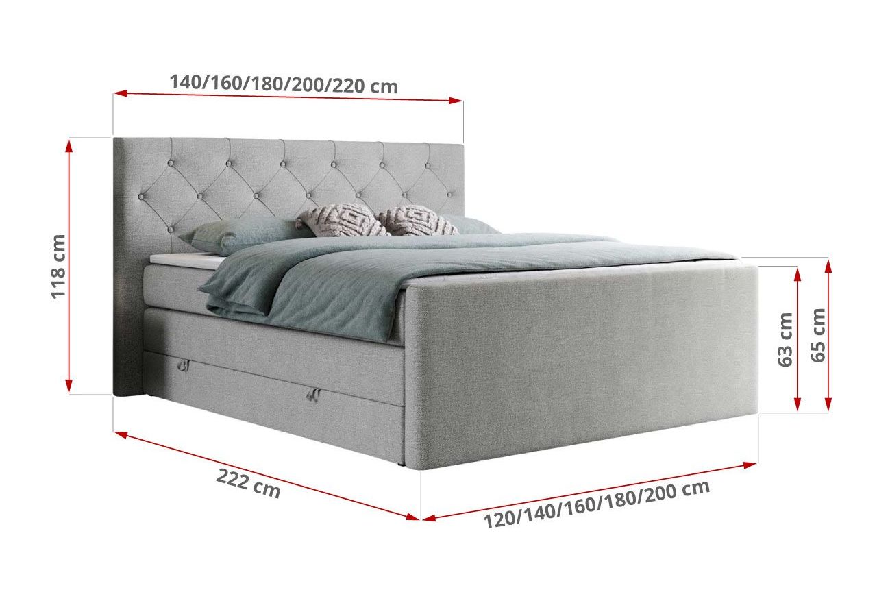 Łóżko kontynentalne KING VELEN 180x200 - H3 - jasnoszary, struktura