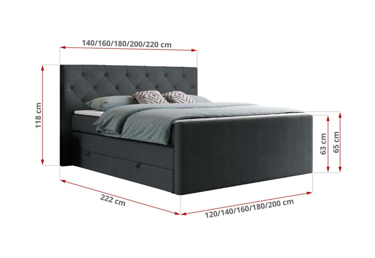 Łóżko kontynentalne KING VELEN 120x200 - H3 - ciemnoszary, struktura