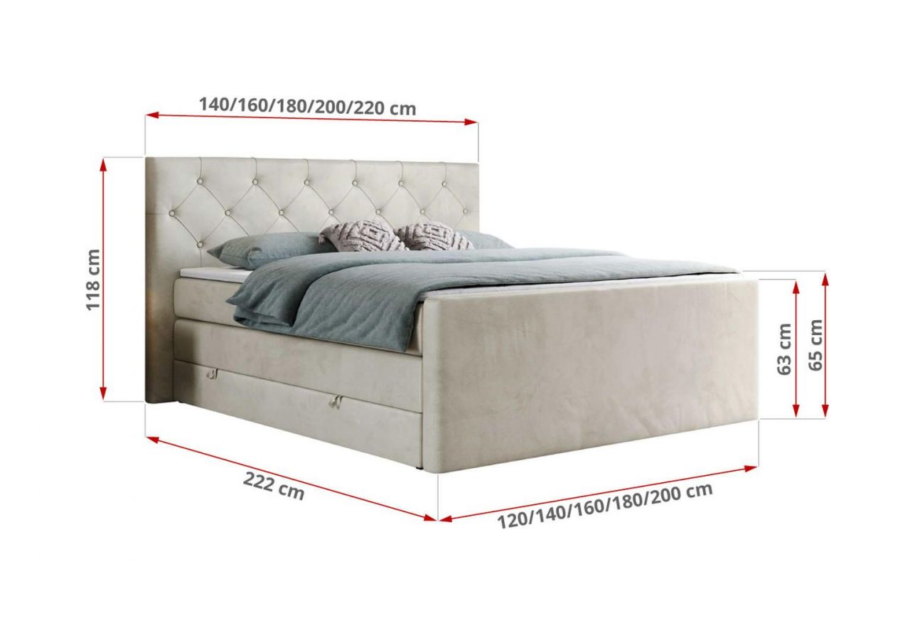 Łóżko kontynentalne KING VELEN 120x200 - H3 - beżowy, welwet