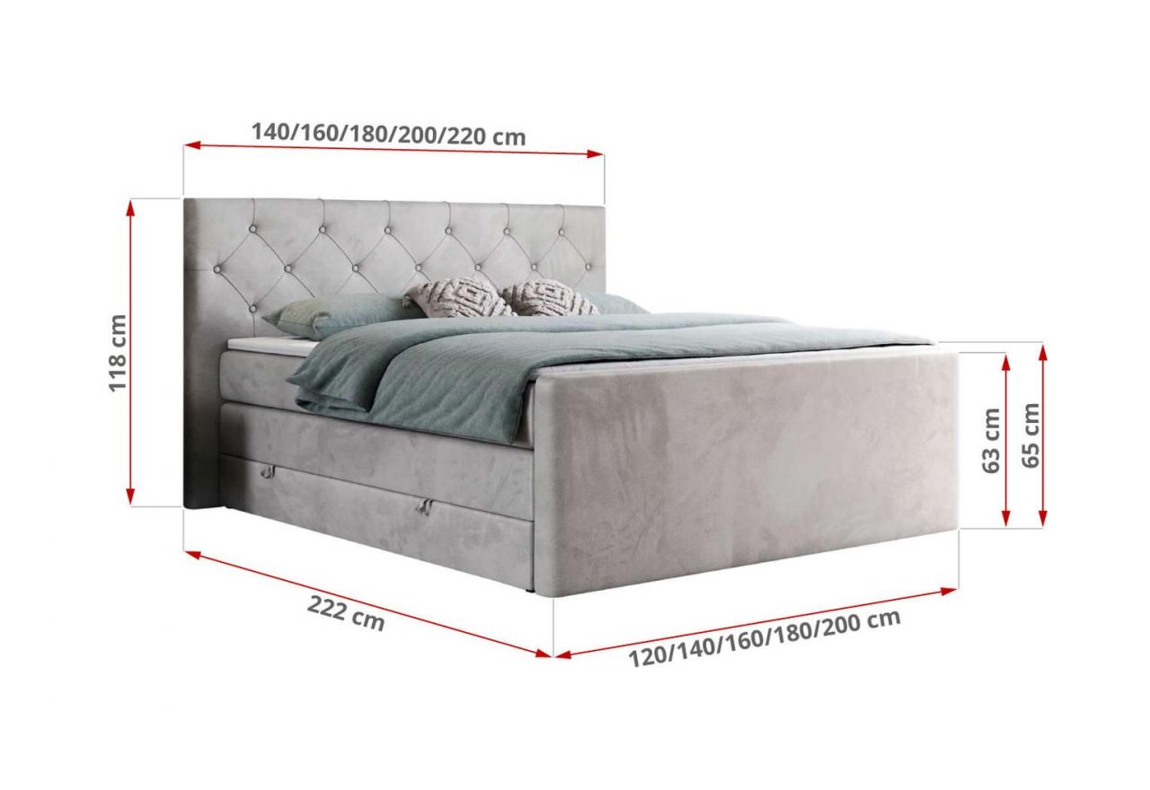 Łóżko kontynentalne KING VELEN 120x200 - H3 - jasnoszary, welwet