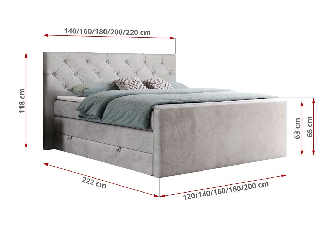 Łóżko kontynentalne KING VELEN 140x200 - H3 - jasnoszary, welwet