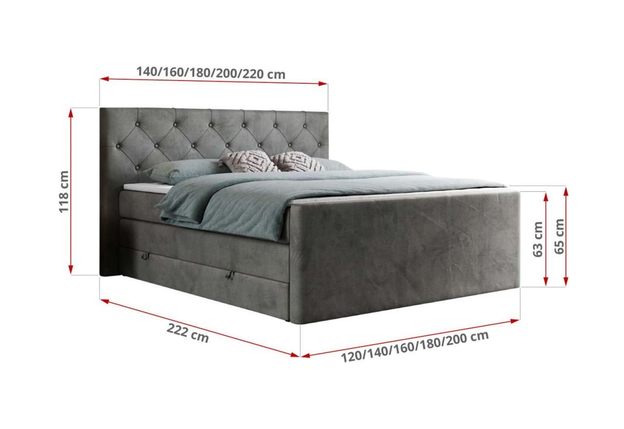Łóżko kontynentalne KING VELEN 120x200 - H3 - ciemnoszary, welwet