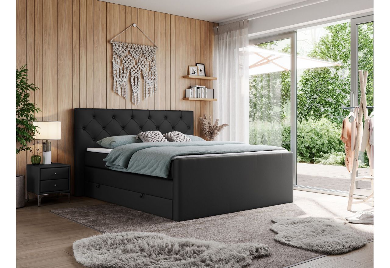 Łóżko kontynentalne KING VELEN 160x200 - H3 - czarny, ekoskóra