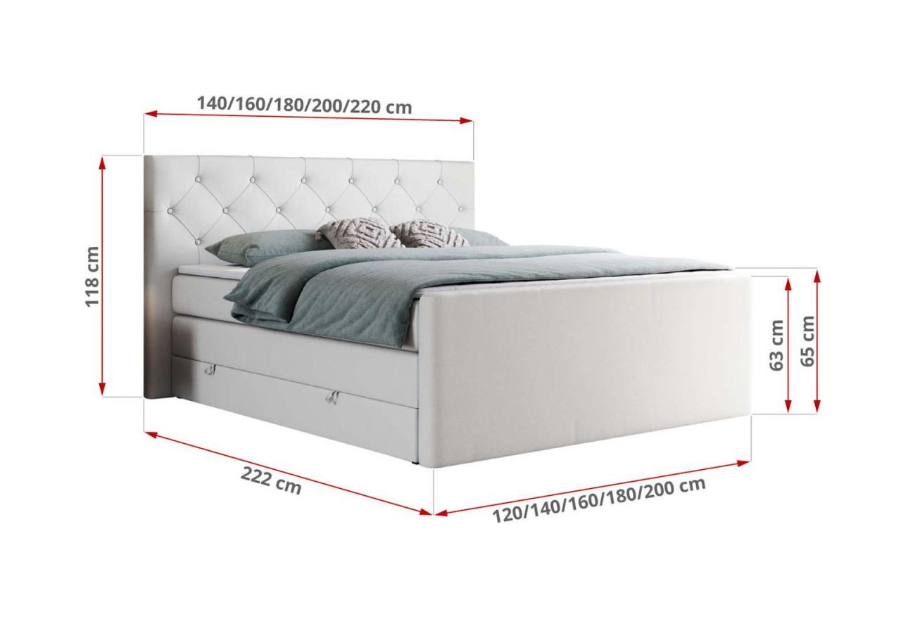 Łóżko kontynentalne KING VELEN 120x200 - H3 - biały, ekoskóra