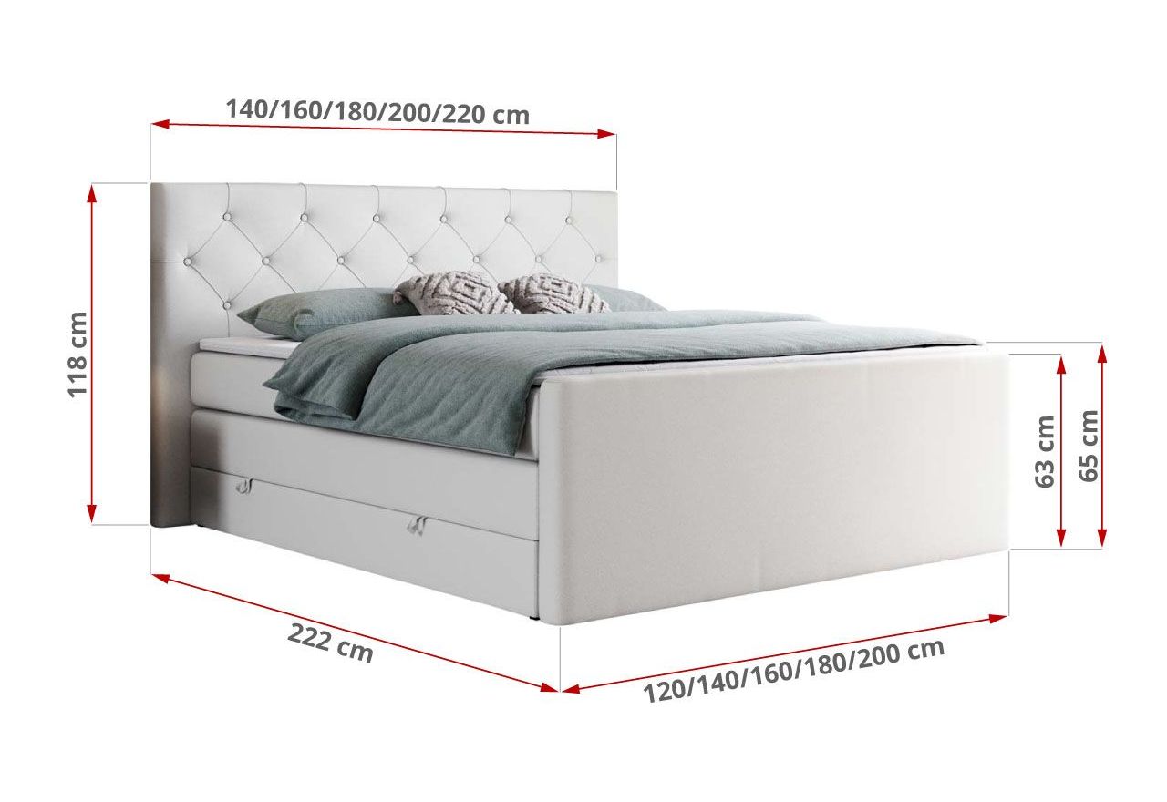 Łóżko kontynentalne KING VELEN 140x200 - H3 - biały, ekoskóra