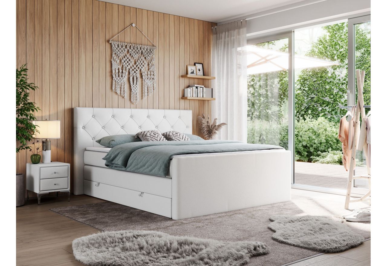 Łóżko kontynentalne KING VELEN 180x200 - H3 - biały, ekoskóra