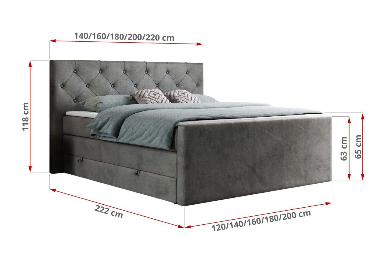 Łóżko kontynentalne KING VELEN 140x200 - H4 - ciemnoszary, welwet