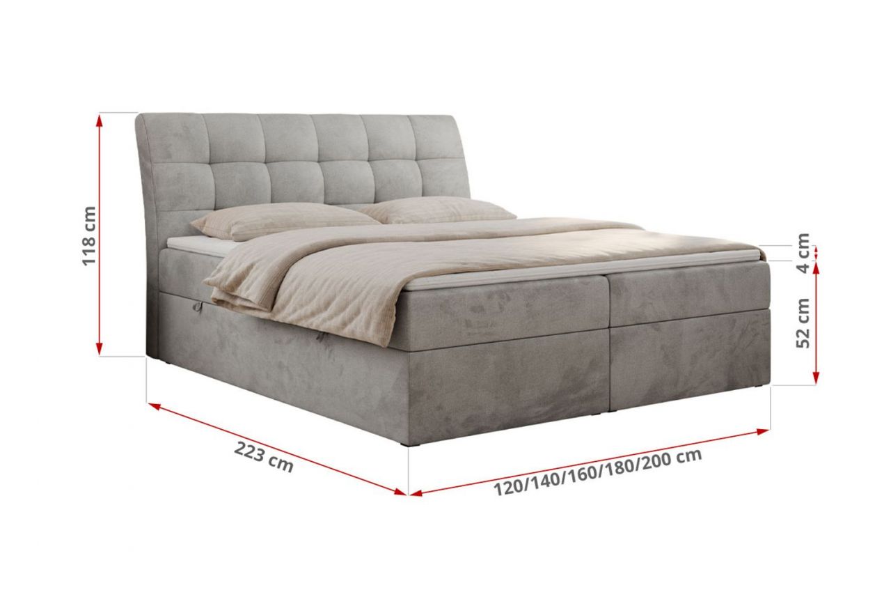 Łóżko kontynentalne DIEGOS 200x200 - H3 - jasnoszary, welwet