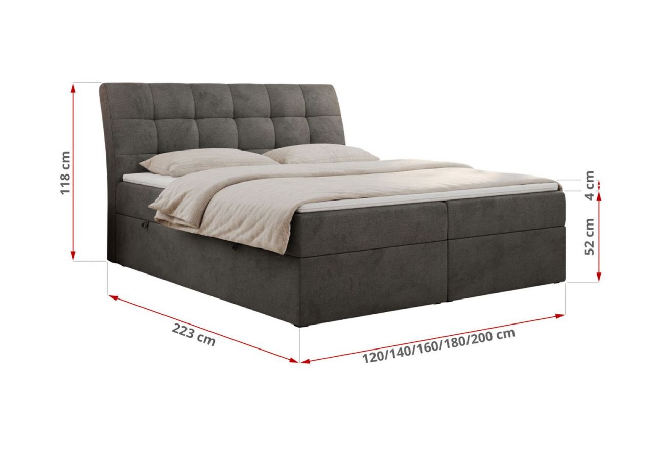 Łóżko kontynentalne DIEGOS 180x200 - H4 - ciemnoszary, welwet