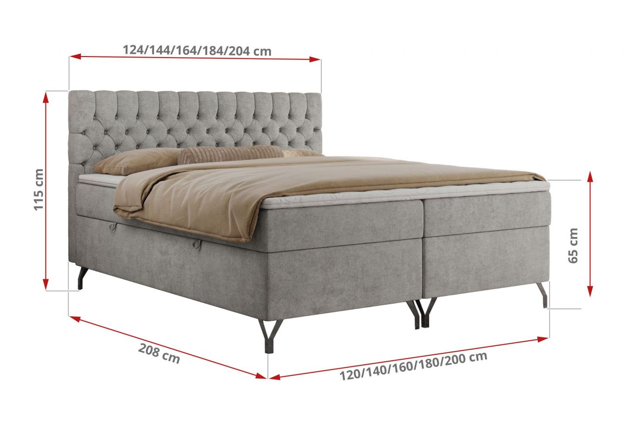 Łóżko kontynentalne GRIMALDI 200x200 - H4 - jasnoszary, struktura