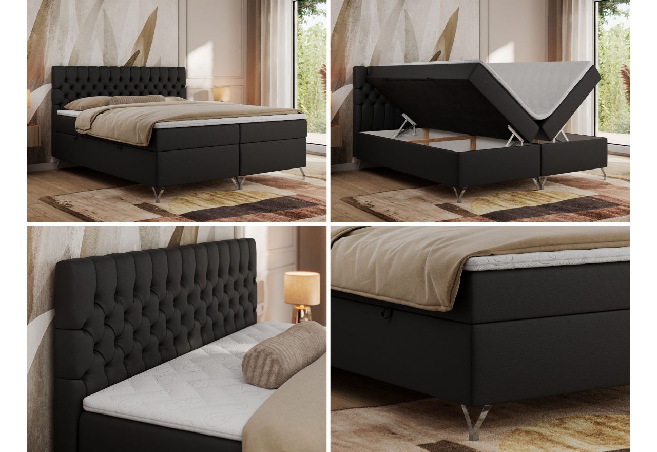 Łóżko kontynentalne GRIMALDI 140x200 - H3 - czarny, ekoskóra