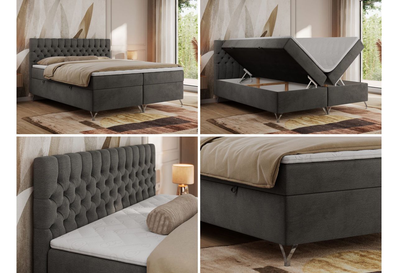 Łóżko kontynentalne GRIMALDI 140x200 - H4 - ciemnoszary, welwet