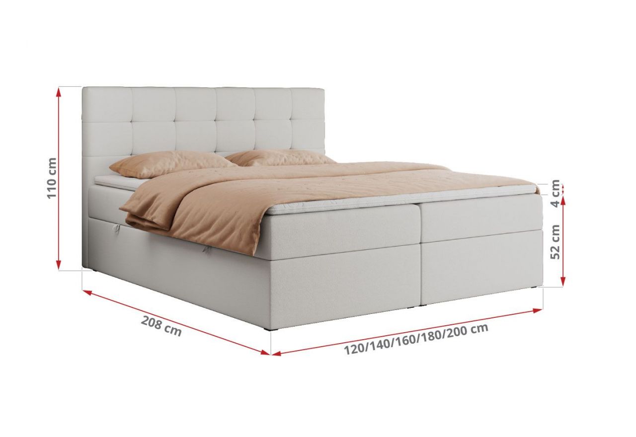 Łóżko kontynentalne CENTOS 200x200 - H4 - biały, ekoskóra