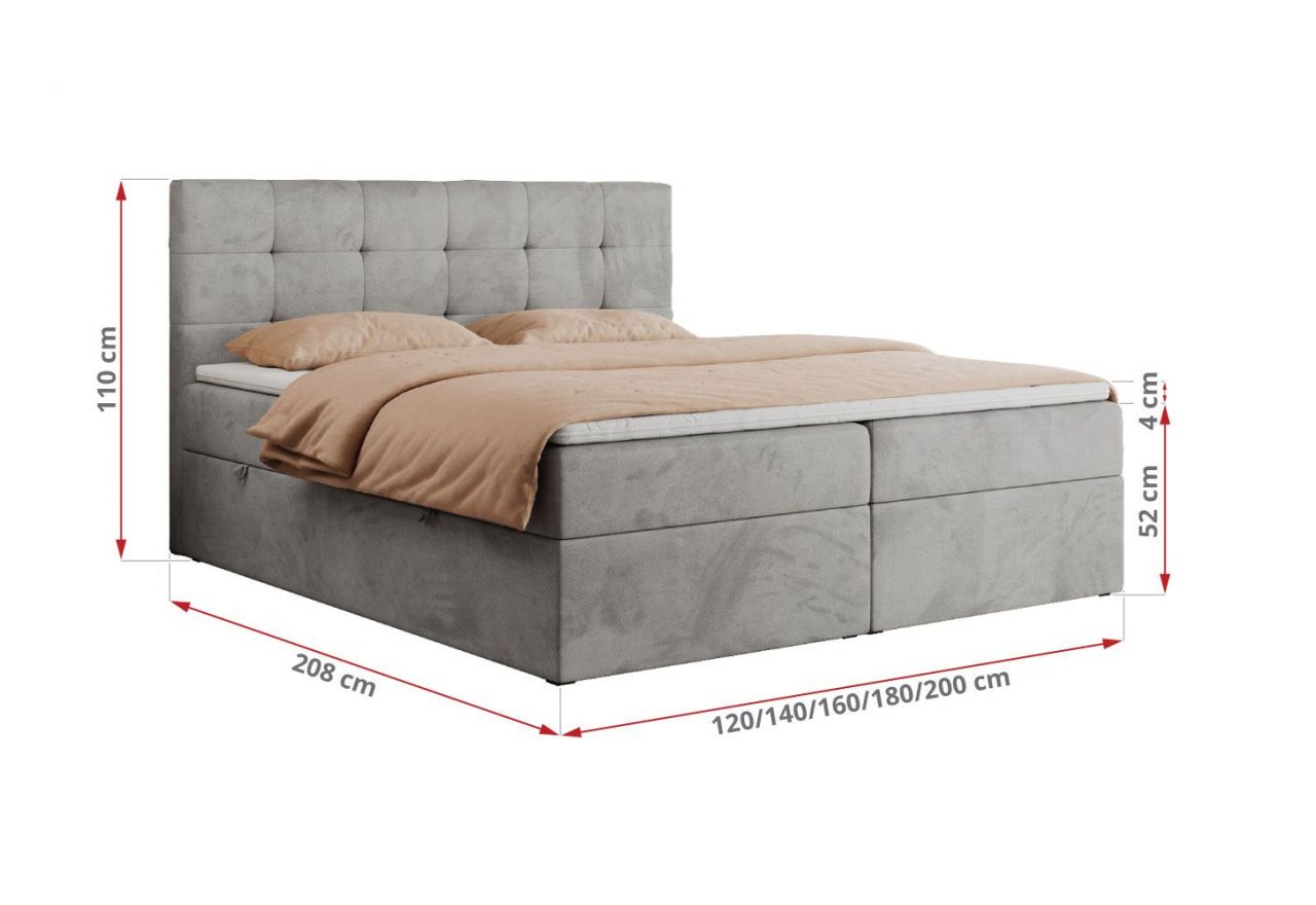 Łóżko kontynentalne CENTOS 180x200 - H3 - jasnoszary, welwet
