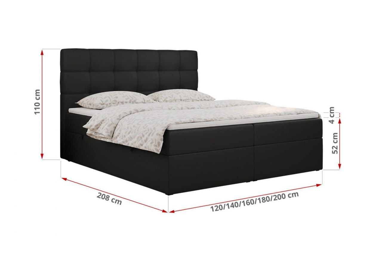 Łóżko kontynentalne ERNI 120x200 - H3 - czarny, ekoskóra