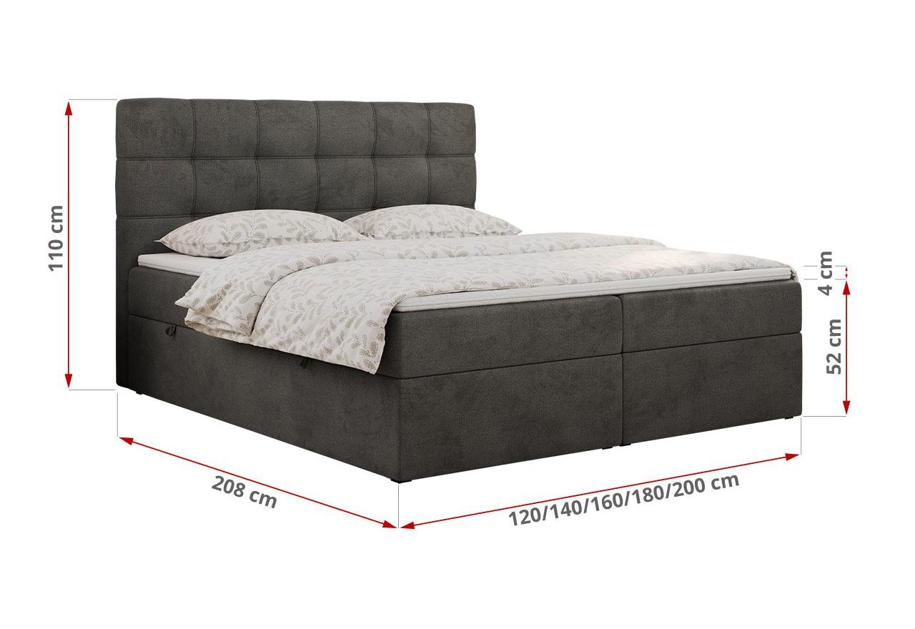 Łóżko kontynentalne ERNI 140x200 - H3 - ciemnoszary, welwet