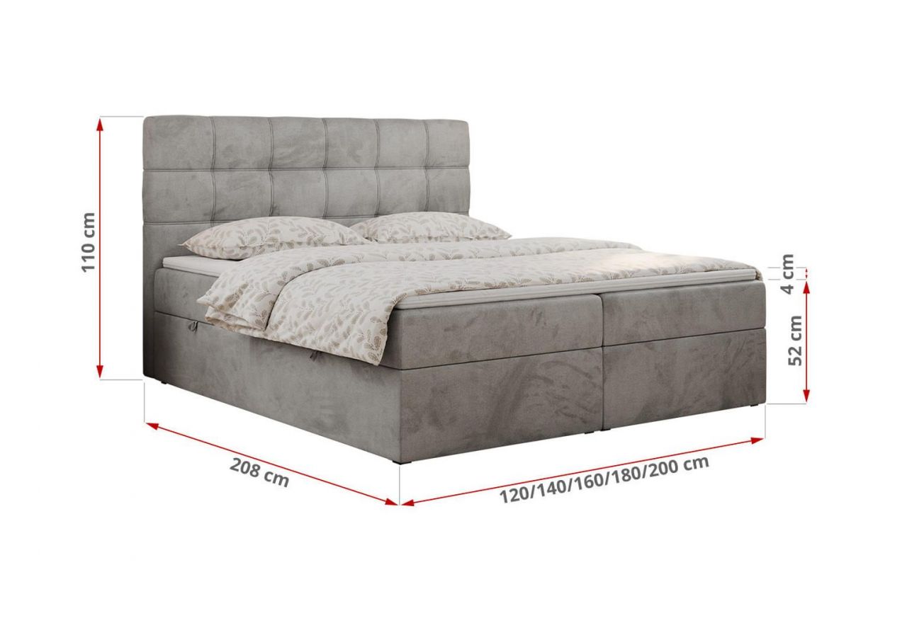 Łóżko kontynentalne ERNI 120x200 - H3 - jasnoszary, welwet