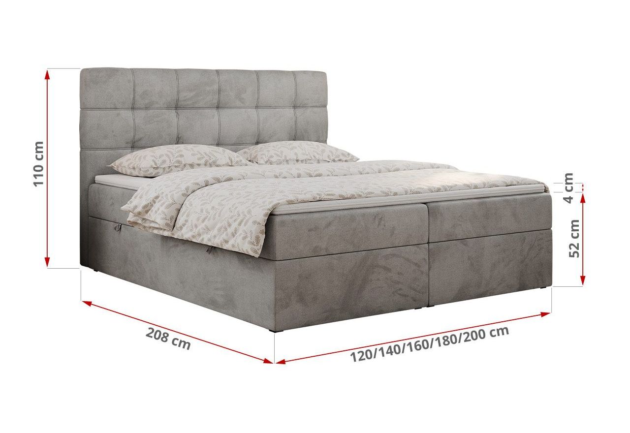 Łóżko kontynentalne ERNI 120x200 - H4 - jasnoszary, welwet
