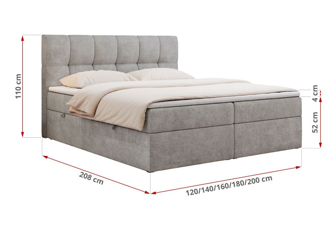 Łóżko kontynentalne RICO 200x200 - H3 - jasnoszary, struktura
