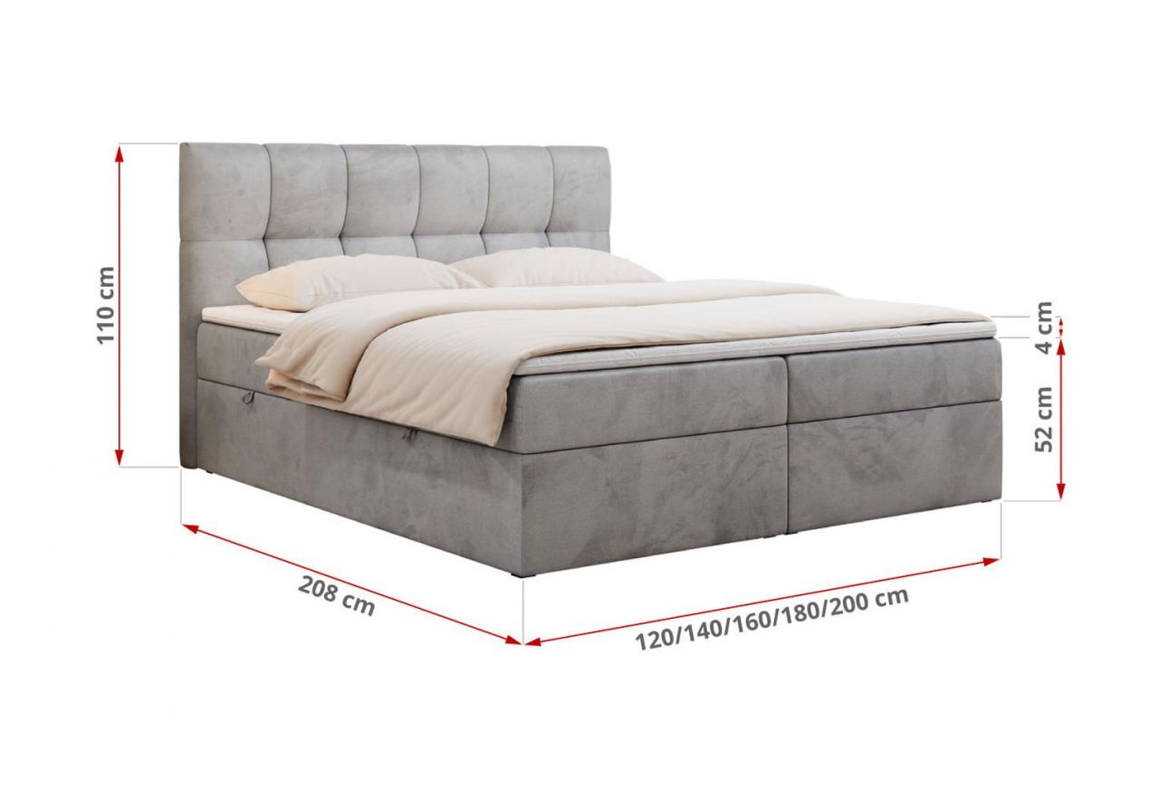 Łóżko kontynentalne RICO 120x200 - H3 - jasnoszary, welwet