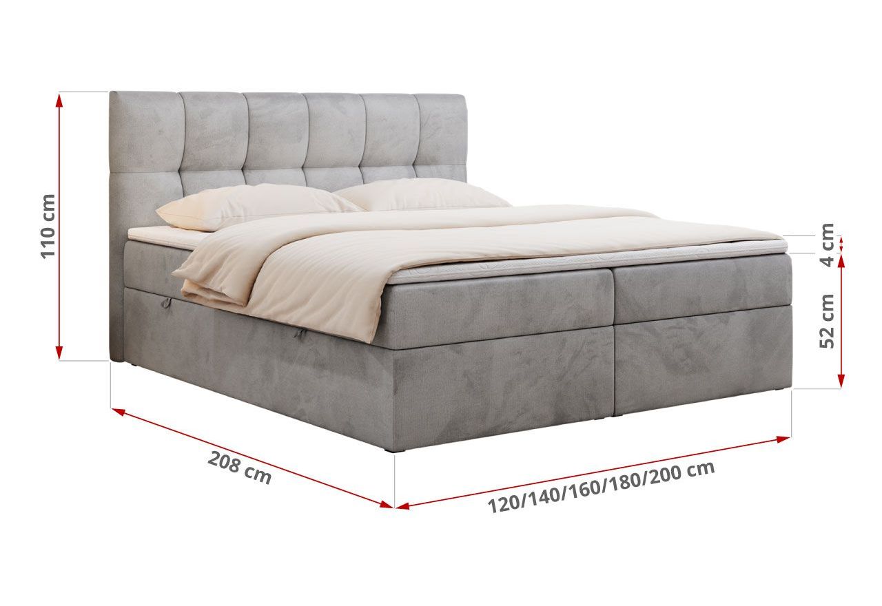 Łóżko kontynentalne RICO 200x200 - H4 - jasnoszary, welwet