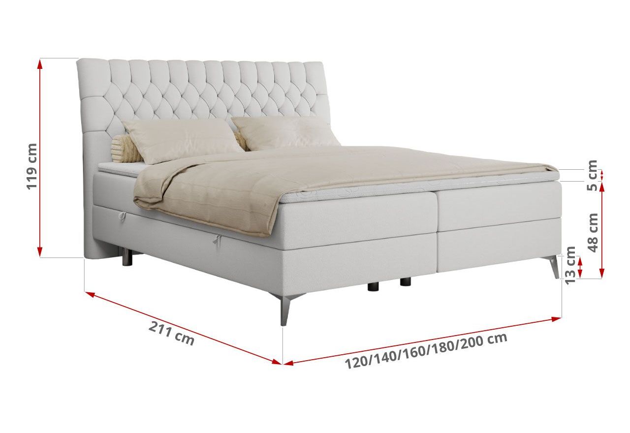 Łóżko kontynentalne MILEN 200x200 - H3 - biały, ekoskóra