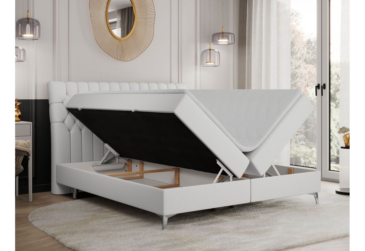 Łóżko kontynentalne MILEN 200x200 - H3 - biały, ekoskóra