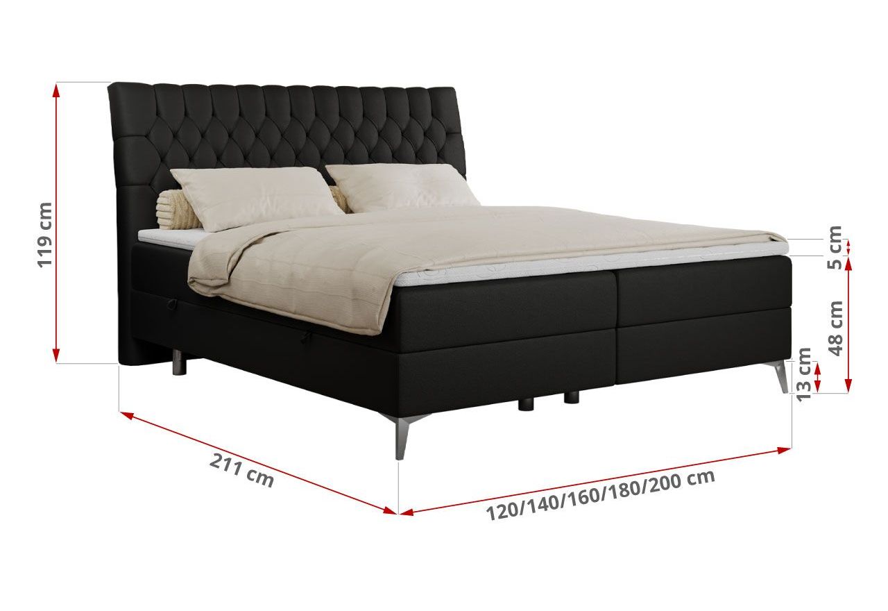 Łóżko kontynentalne MILEN 200x200 - H3 - czarny, ekoskóra