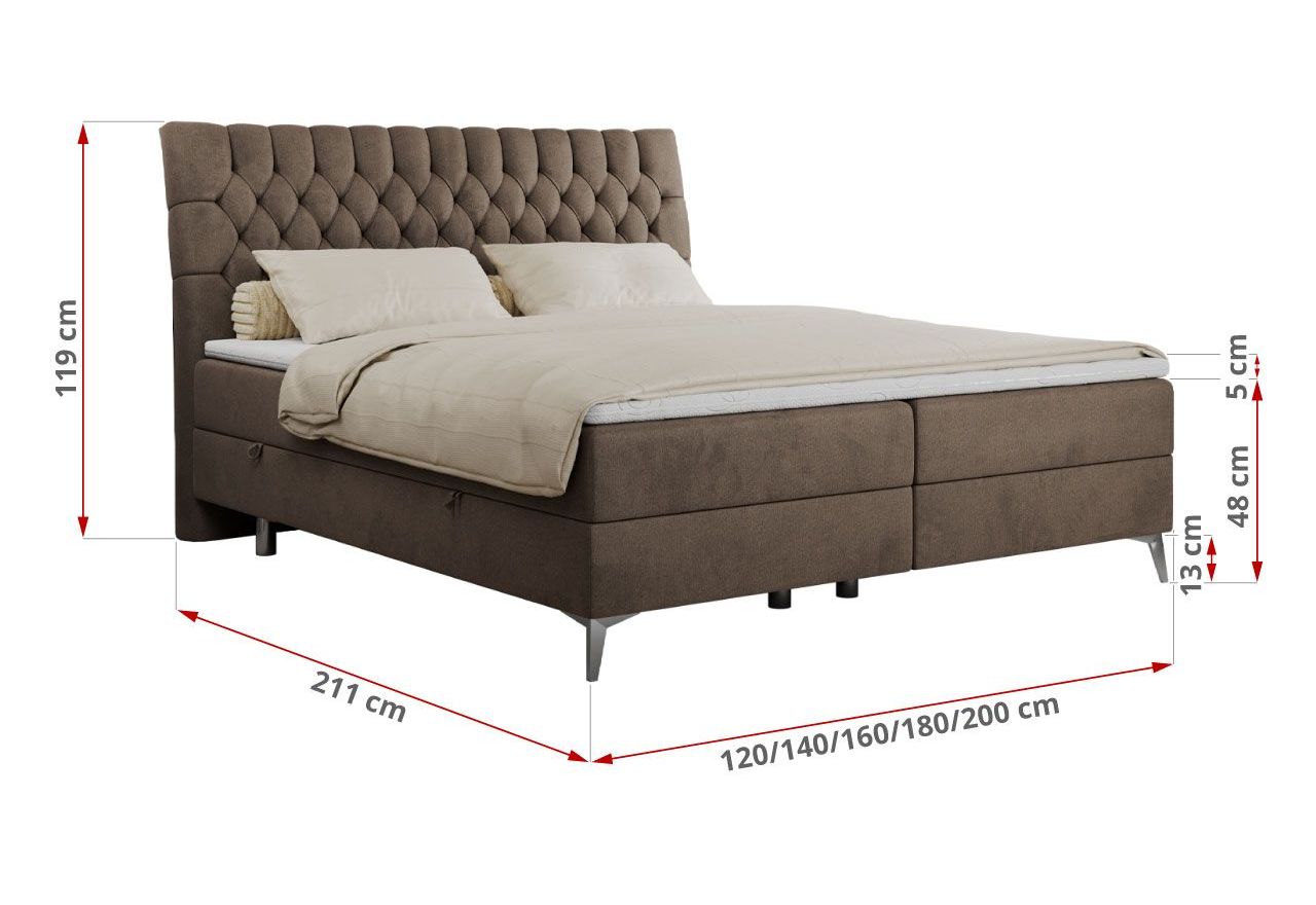 Łóżko kontynentalne MILEN 140x200 - H3 - brązowy, welwet