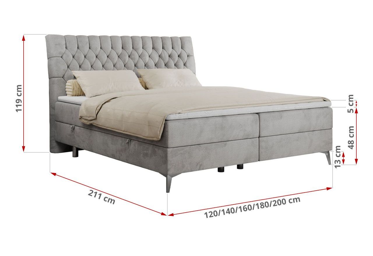 Łóżko kontynentalne MILEN 120x200 - H4 - jasnoszary, welwet