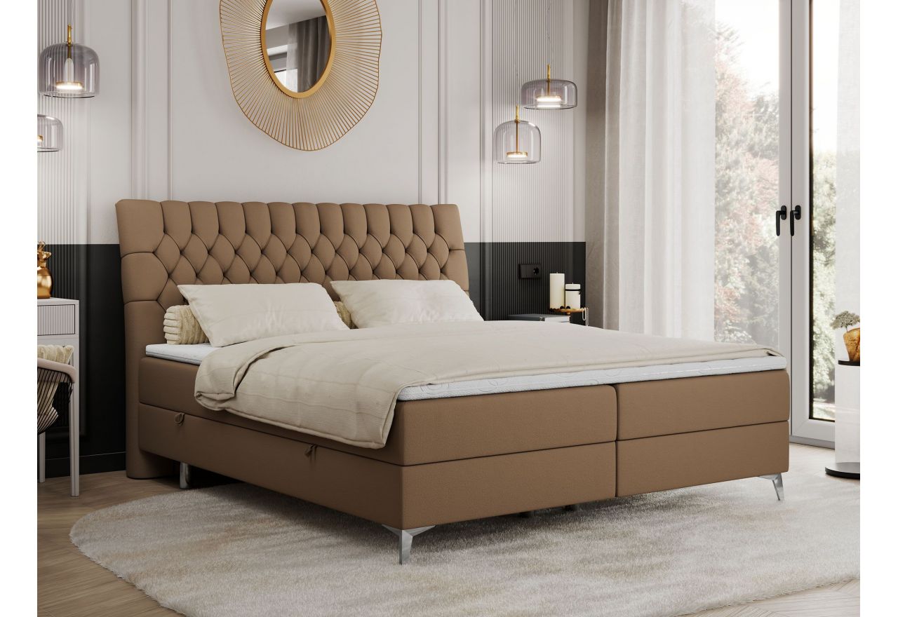 Łóżko kontynentalne MILEN 200x200 - H3 - brązowy, ekoskóra